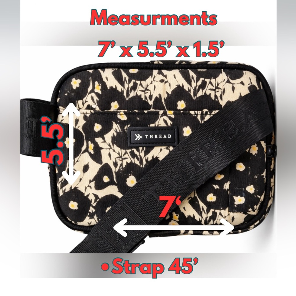 Thread Black Floral Belt Bag Crossbody Sling Adjustable Strap - Picture 7 of 8